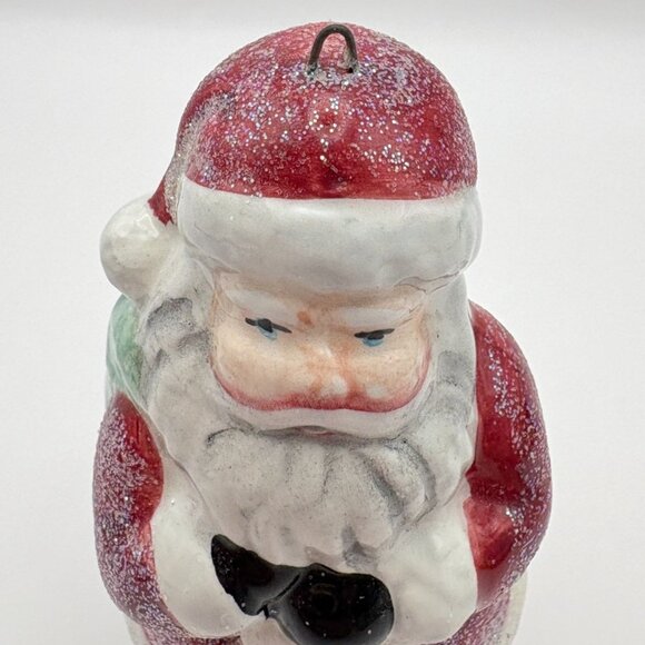 Vintage Santa Claus Christmas Tree Ornament with Glitter Accents Green Toy Sack - Picture 7 of 8
